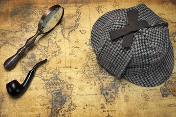 Deerstalker Sherlock Holmes Hat, Magnifier And Smoking Pipe On M
