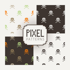 Set of vector seamless colorful and monochrome patterns of pixel skulls.