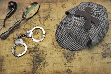 Overhead View Of Sherlock Hat And Detective Tools On Map