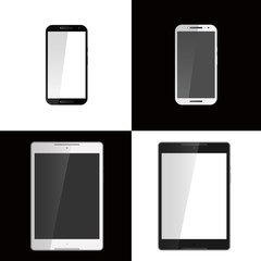 Realistic vector illustration of tablet and smart phone on white and black background