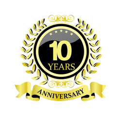10 anniversary with glossy golden wreath and ribbon 