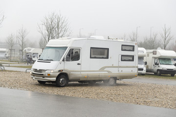caravan car, in the rain , winter  , fog