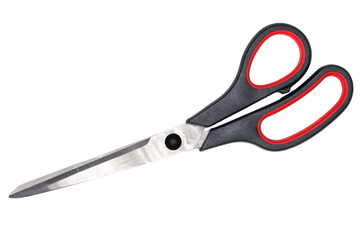 Single red-black steel scissors. Isolated on white background. Close-up. Studio photography.