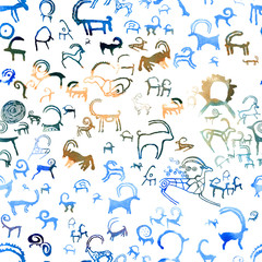 Seamless pattern with petroglyph goats. Handmade blue watercolor goats on white background. Template for printing on bags, cups, textile, souvenirs. Wallpaper.