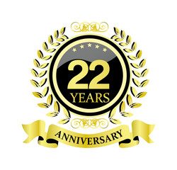 22 anniversary with glossy golden wreath and ribbon 