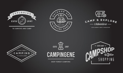 Obraz premium Set of Vector Camping Camp Elements With Fictitious Names and Outdoor Activity Icons Illustration can be used as Logo or Icon in premium quality