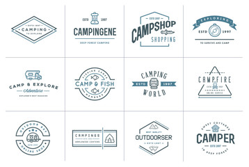 Fototapeta premium Set of Vector Camping Camp Elements With Fictitious Names and Outdoor Activity Icons Illustration can be used as Logo or Icon in premium quality