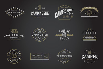 Set of Vector Camping Camp Elements With Fictitious Names and Outdoor Activity Icons Illustration can be used as Logo or Icon in premium quality
