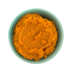 Bowl of pumpkin pie filling on white background