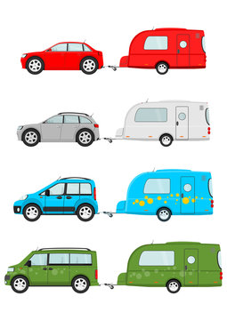 Set of cartoon cars with a caravan on a white background. Vector