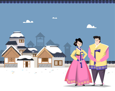 Couple and Korean traditional village
