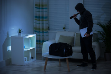 Thief Holding Flashlight At Shelves In Living Room