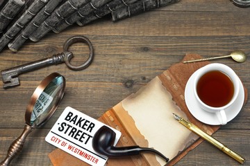 Sherlock Holmes Concept. Private Detective Tools On The Wood Tab
