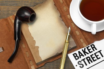 Sherlock Holmes Concept. Private Detective Tools On The Wood Tab