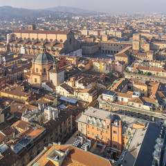 aerial view to cathedral and mail square in Bologna in Italy