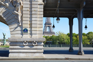 Bir Hakeim bridge and Eiffel tower in Paris in a sunny day