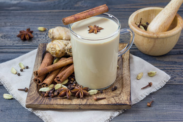Masala chai with spices. Cinnamon stick, cardamom, ginger, clove, star anise, black pepper.
