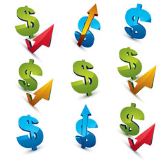 Set of 3d vector green dollar signs with different arrows. 