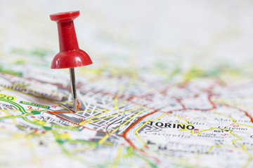 Pin indicates the destination on the road map - Torino (Italy)