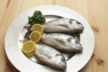 raw fish silver tray on wooden background pine
