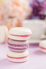 Fototapeta na wymiar Pastel colored macaroons with floral background