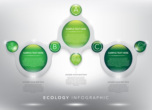 Abstract infographic with circle elements. Glossy and transparent on the white panel. Use for ecology, environment concept. 3 parts concept. Vector illustration. Eps10.