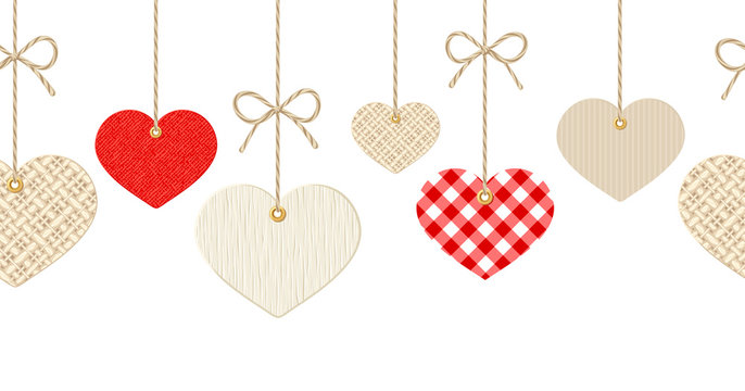 Vector Valentines horizontal seamless background with hanging textured paper, rag and wooden hearts on white.