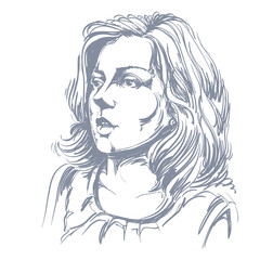 Monochrome vector hand-drawn image, amazed young woman. Black an