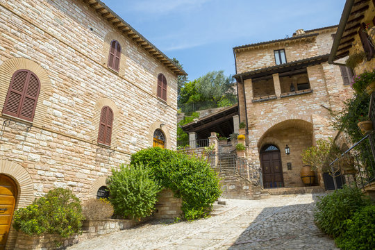 Street decorated with plants and flowers in the historic Italian city of Spello (Umbria, Italy)