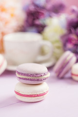 Pastel colored macaroons with floral background