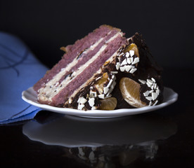freshly baked cake with fruits and chocolate 