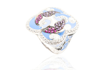 beautiful ring with gems and enamel isolated on white