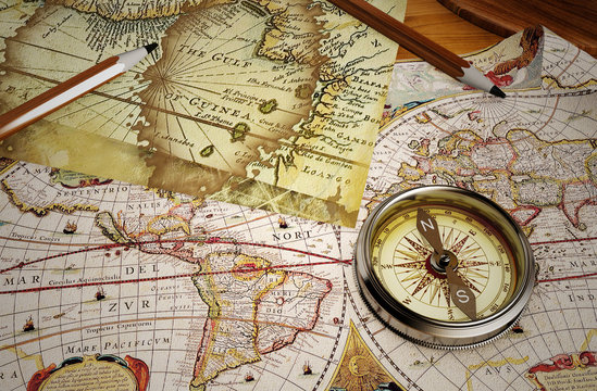 Fototapeta Vintage map and vintage compass