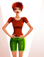 Young pretty white-skin lady with hands akimbo. Vector illustration of red-haired woman standing, full body portrait. 