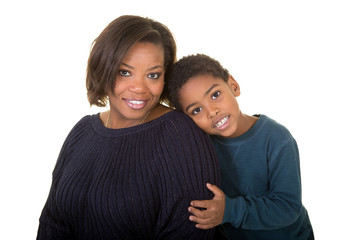 A mother and her son isolated on white