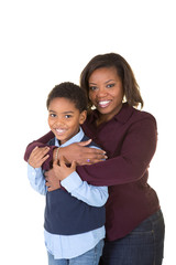 A mother and her son isolated on white