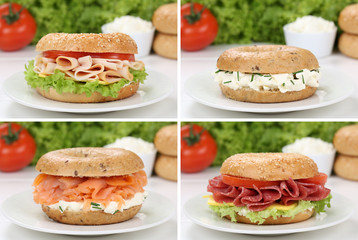 Collage von Bagels zum Frühstück mit Salami, Schinken, Lachs u