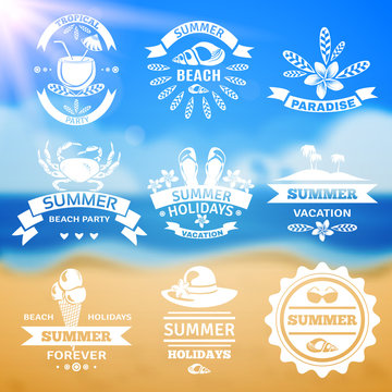 Summer vacation typography emblems labels set