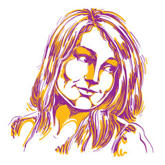 Hand-drawn portrait of white-skin romantic woman, face emotions