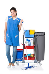 Happy Female Janitor Mopping By Trolley On White Background
