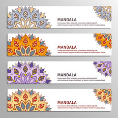 Set of ornamental banners with mandala. Vintage decorative elements.