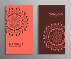 Greeting, invitation card, flyer in light red and brown colors with mandala ornament. Vector ornamental mandala. Stylish geometric pattern in oriental style. Arabic, indian, pakistan, asian motif.