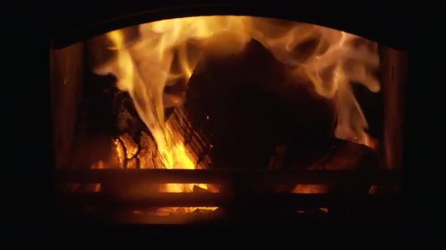 A close up of logs burning on a wood burning stove in fireplace.