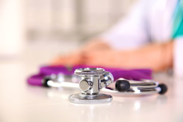 close up medical stethoscope on a white background