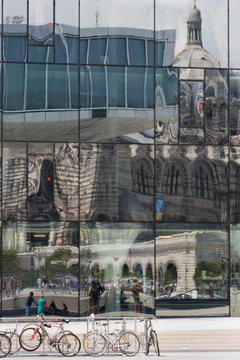 The new MuCEM gallery in Marseille with the cathedral reflected in the glass, Marseille, Provence, France