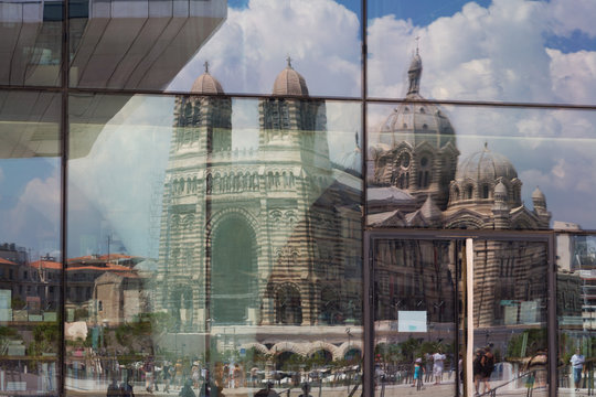The new MuCEM gallery in Marseille with the cathedral reflected in the glass, Marseille, Provence, France