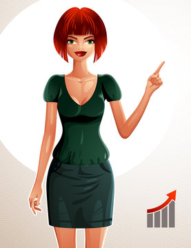 Illustration of young pretty woman. Full body portrait of lady, Caucasian girl pointing at something to side with her finger. Financial graph with growth arrow.