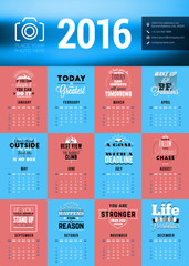 Vector Design Print Template with Motivational Quotes. Calendar for 2016 Year. Week Starts Sunday
