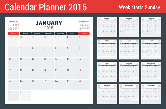 Calendar Set for 2016 Year. Vector Stationery Design Print Template. Week Starts Sunday. 12 Pages