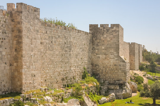 Fragment of walls surrounding old city of Jerusalem, Israel